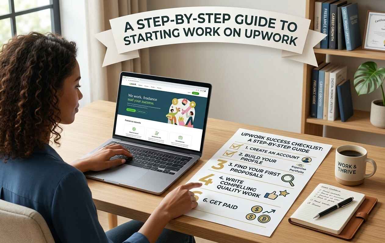 An over-the-shoulder shot of a woman looking at an Upwork profile on a laptop with a printed success checklist on the desk listing steps like account creation and getting paid.