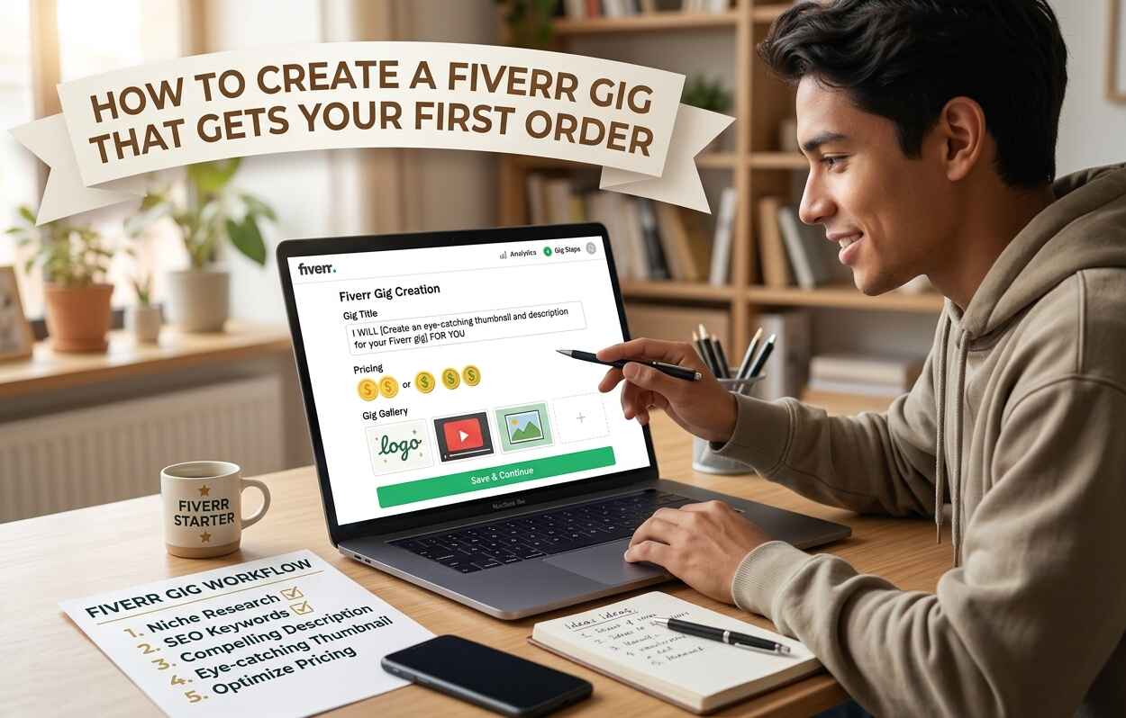 A smiling young man in a home office using a laptop to create a Fiverr gig on the platform's creation page, following a "Fiverr Gig Workflow" checklist on the desk, featuring large text: HOW TO CREATE A FIVERR GIG THAT GETS YOUR FIRST ORDER.