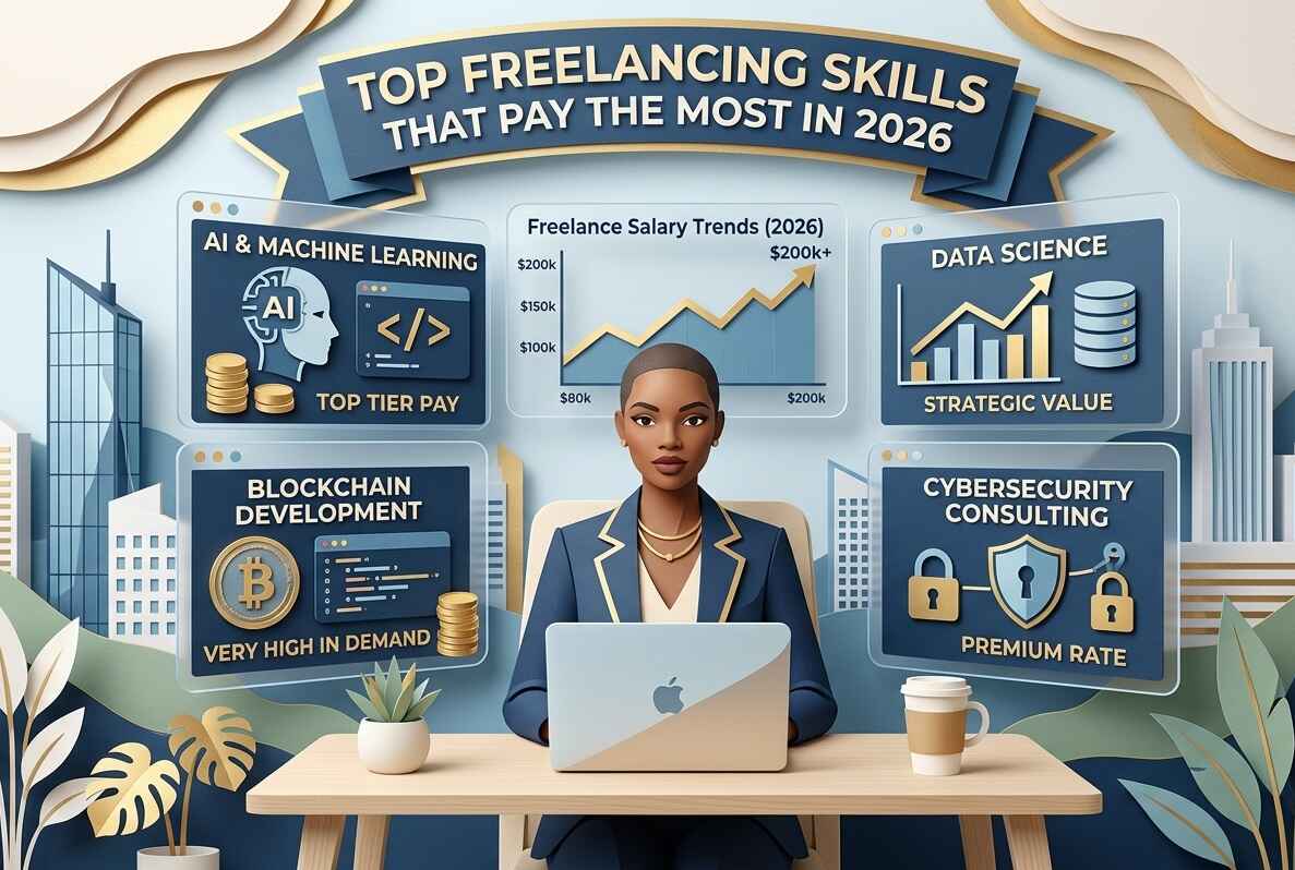 A professional paper-art illustration of a freelancer at a desk with infographics showing high-paying skills like AI, Data Science, Blockchain, and Cybersecurity for 2026.