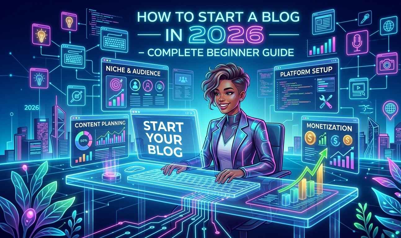 A vibrant neon digital illustration of a woman working at a futuristic desk with holographic screens showing "Start Your Blog," "Niche & Audience," and "Monetization" for a 2026 blogging guide.