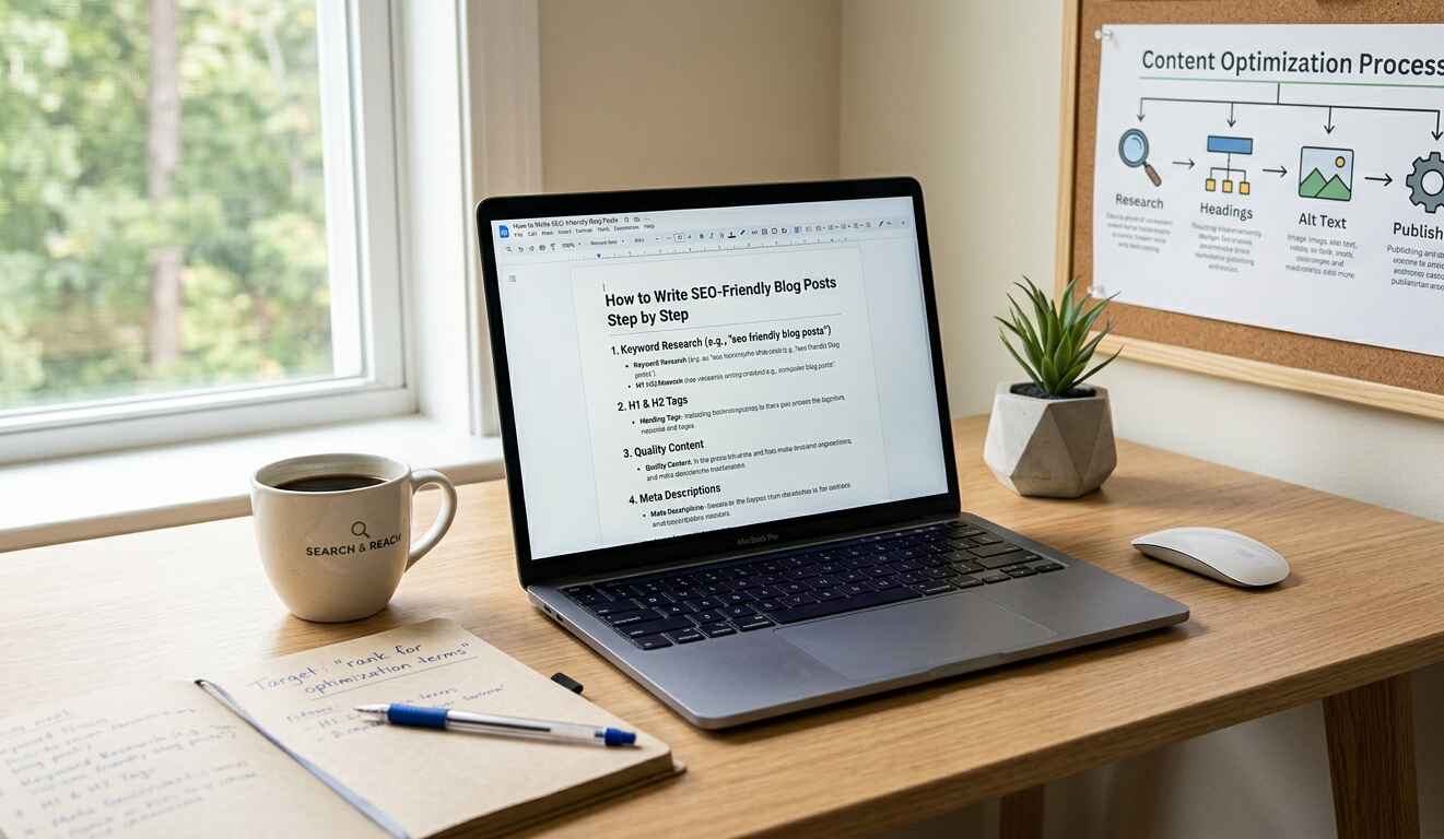 A step-by-step guide to writing an SEO-friendly blog post displayed on a digital screen, showing process steps.