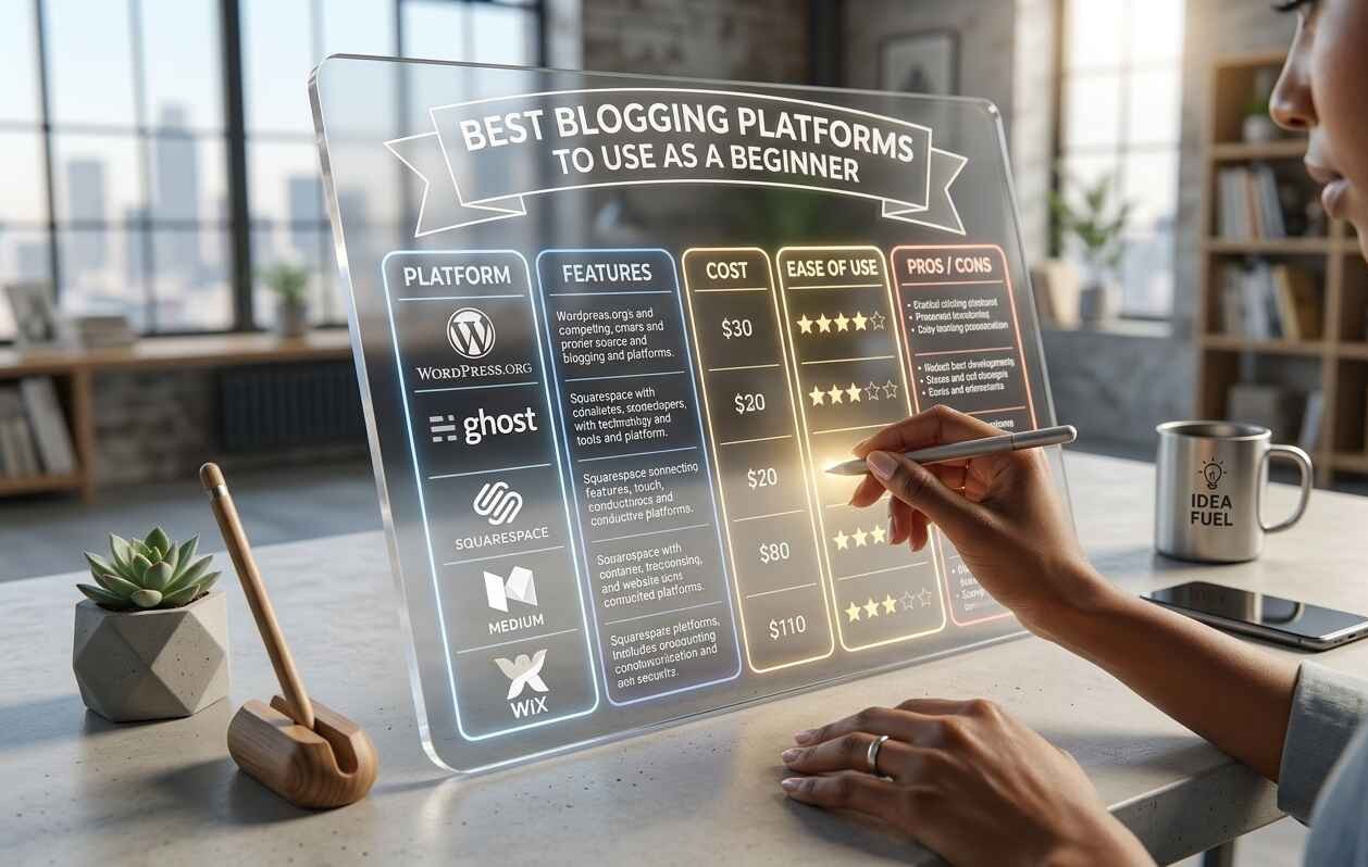 A futuristic, clear holographic comparison chart on a desk, titled "Best Blogging Platforms to Use as a Beginner," displaying a star-rating system, pricing, and logos for WordPress.org, Ghost, Squarespace, Medium, and Wix. A person uses a stylus to interact with the chart, with a "Idea Fuel" mug nearby.