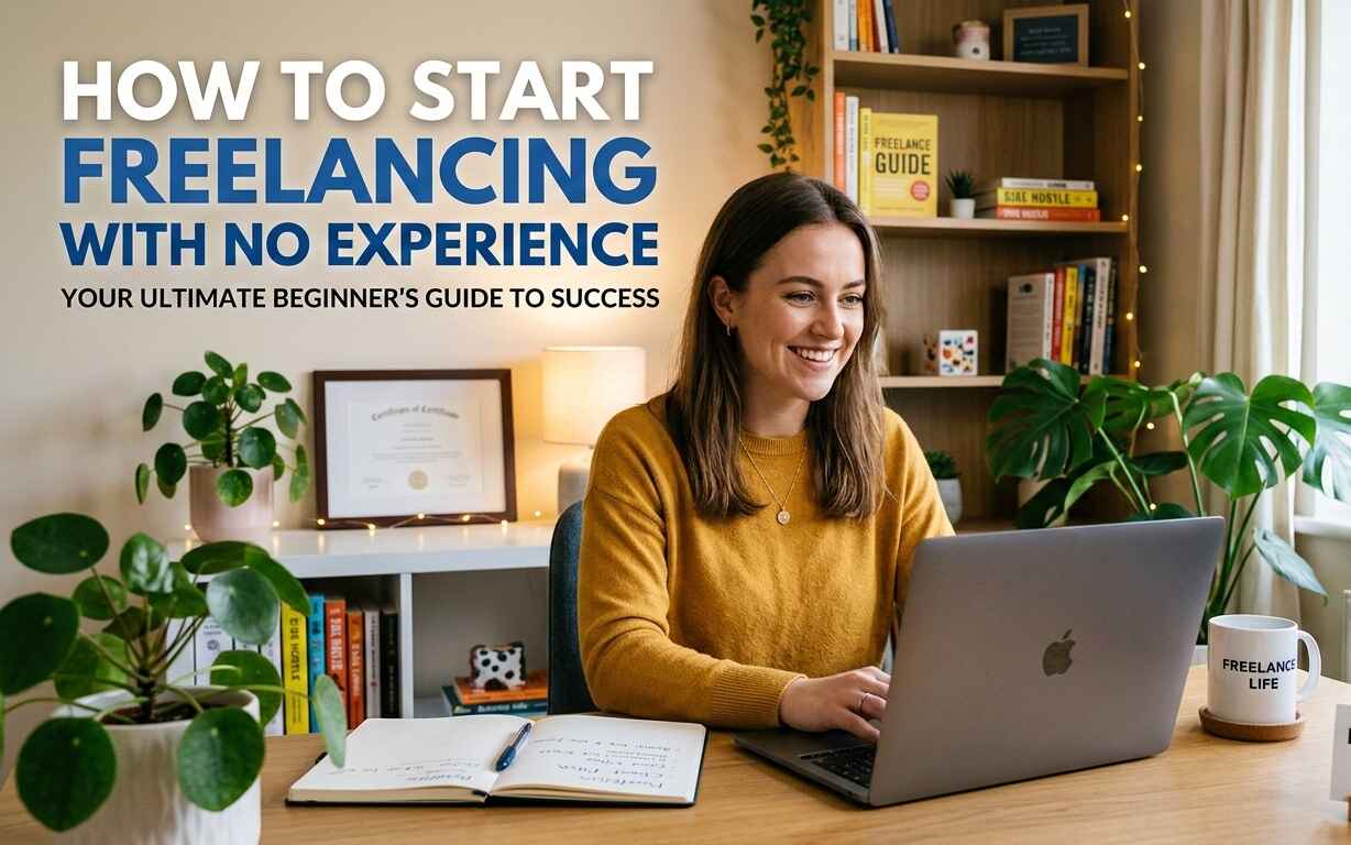 A smiling young woman sitting at a clean, modern home office desk working on a laptop, featuring text that reads "How to Start Freelancing With No Experience".